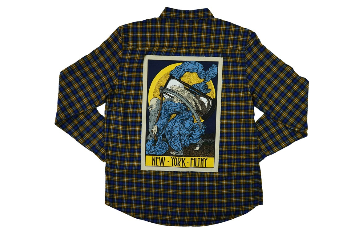 Father Time Button Up Flannel Shirt- Navy/Yellow