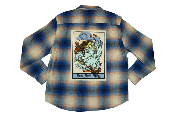Dancer Button Up Flannel Shirt- Cream/Blue/Tan