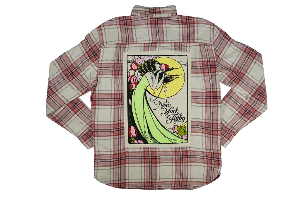 Moon Lotus Button Up Flannel Shirt- Cream/Pink/Maroon